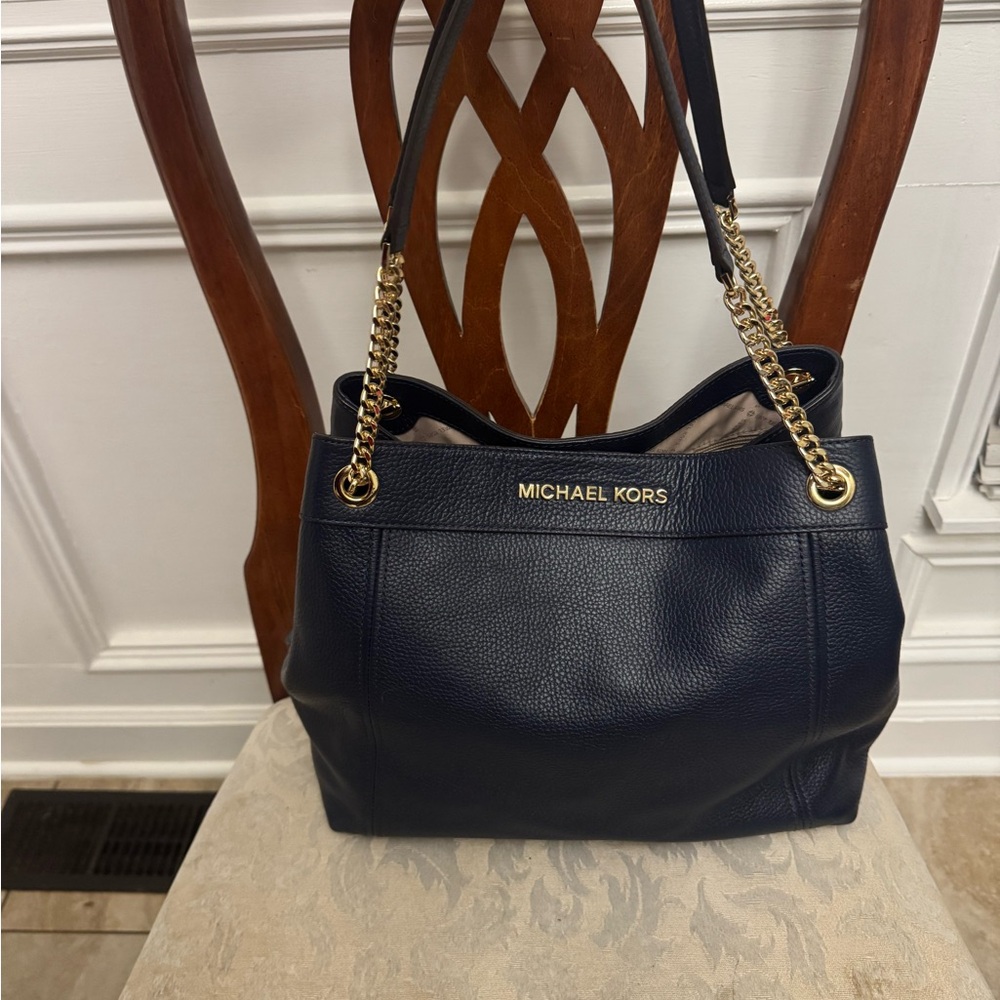Michael Kors Dark Blue Shoulder Bag with Gold Accents
